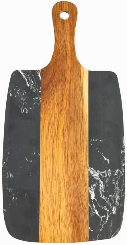 HOME ARCHIVE Wood & Marble Rectangle Cutting Board with Handle for Kitchen Chopping Boards for Vegetables Fruits Pizza Cheese Meat and Charcuterie (Brown & White - Rectangle with handle)