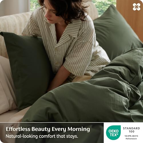 Image of Bedsure 100% Washed Cotton Duvet Cover Queen Size - Olive Green Minimalist Bedding Set Linen Like - PureWoven Plain Simple & Soft Comforter Cover for All Seasons (Olive Green, Queen, 90 inchx90 inch)