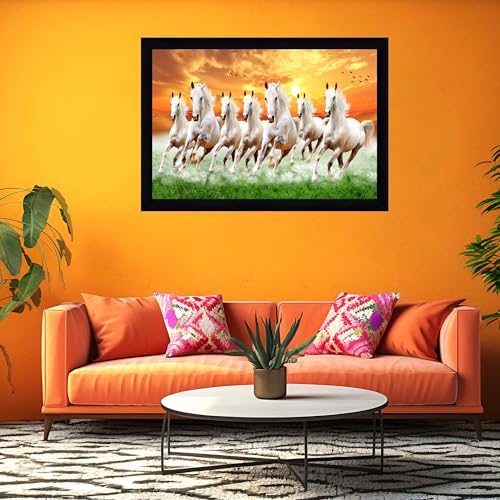 Image of Indianara Vastu Running Seven Horse Painting With Frame 20 Inches X 14 Inches (Style 12)