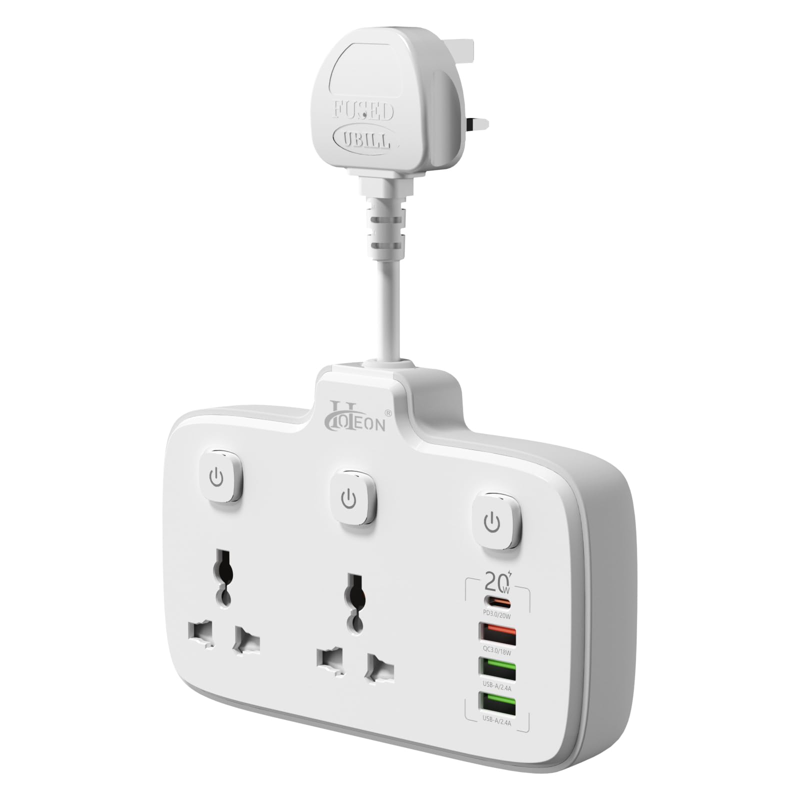 Hoteon Extension Board, Individual Switch Power Strip with 20W Fast PD/Type C, 2500W 10A Extension Cord with 2 Universal Socket, 1 QC3.0 Port & 2 USB-A, Surge Protection for Home