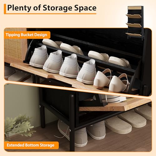 Image of Natural Rattan Shoe Cabinet with 3 Flip Doors and Drawer, Freestanding Shoe Storage Organizer with Adjustable Shelves for Entryway Hallway,Black Oak Color