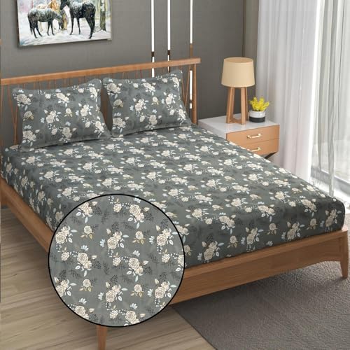Image of 210 TC Glace Cotton Floral Grey Printed Cotton Bedsheet with Pillow Cover - Soft & Breathable Double Bed Sheet 90x100 Inche