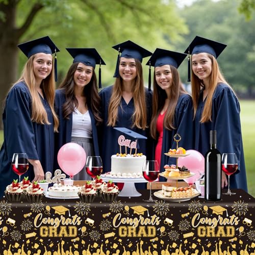 Image of 3 Pack Plastic Graduation Tablecloth, Graduation Decorations Class of 2026 Disposable Rectangle Black and Gold Table Cover, 2026 Gongrats Grad Table Cloths for Graduation Party Decorations, 54x108