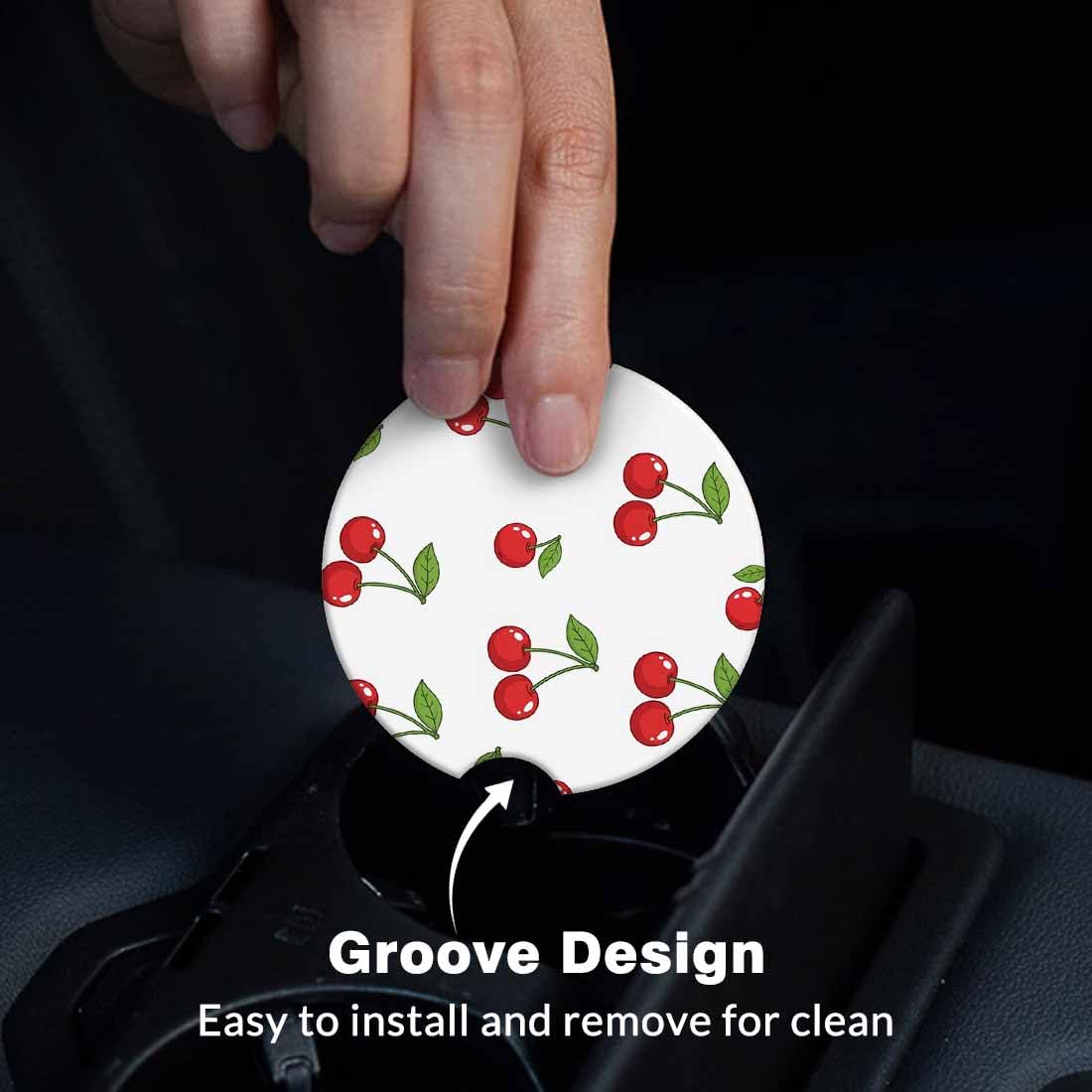 Red Cherry Podstawki samochodowe na uchwyty na kubki, owoce, tropikalne słodkie jagody, 2 sztuki, do samochodu, antypoślizgowa ceramiczna mata samochodowa z wycięciem na palec, urocze akcesoria do