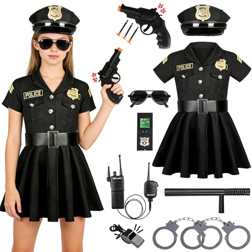 YeahBoom Polizei Kostüm Mädchen,Luxus Polizeioffizier Kleid Set,mit Mütze Handschellen Walkie-Talkie Brille Pfeife,Polizistin...
