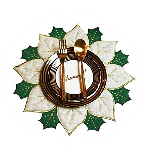 Skrantun Placemats Set Of 4,Applique Gold With Green Embroidered Flower Double-Layer Golden Silk Linen Placemats For Home Holiday Christmas Table Top Decoration,Round14 Inch… #TOP5