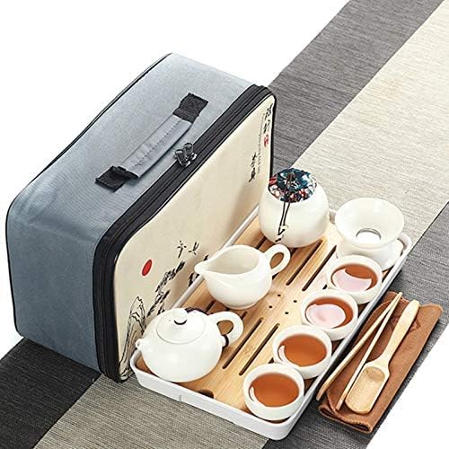 Vzqr 和風ティーセット 急須(茶こし付き) 湯呑み 茶托(茶皿) 水切りトレー 陶磁器 収納バッグ付き 携帯用茶器 旅行・お出かけ・オフィス・来客用 ギフト・プレゼントに最適 (急須セット-1)