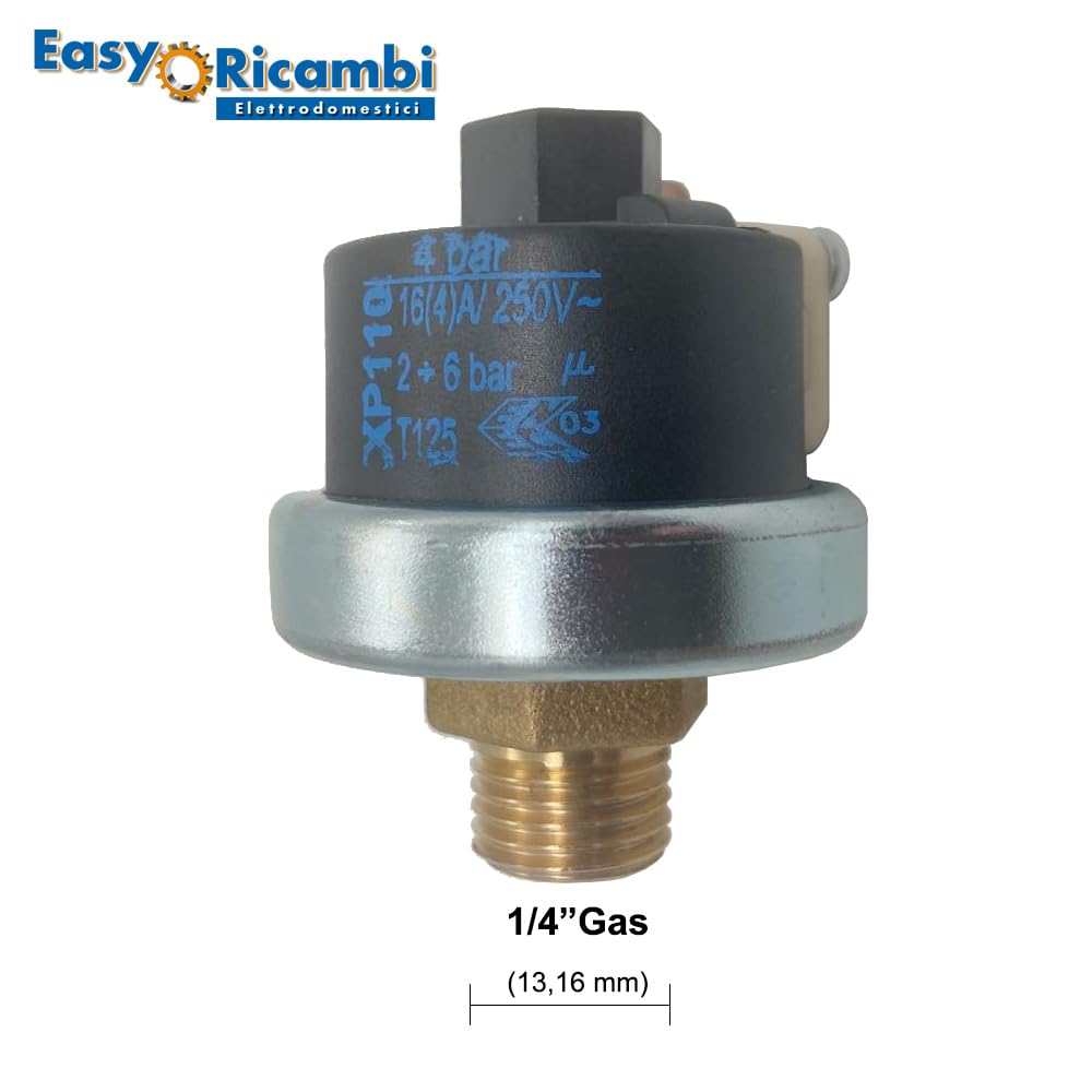 Easyricambi – Wyłącznik ciśnieniowy pompy wody XP110, Presostat do autoklawu, Czujnik ciśnienia wody regulowany od 2 do 6 bar, Gwint 1/4" GAS, Regulacja śrubą, do monitorowania i zarządzania ciśnienie