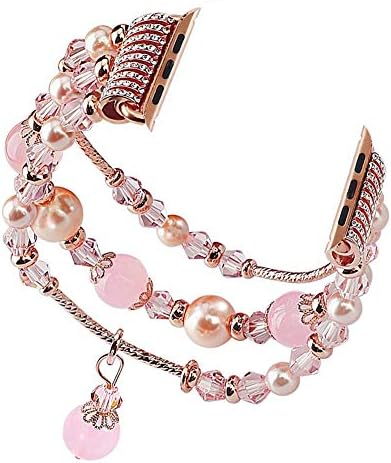 Jewelry Bracelet Watch Bands Compatible w/Apple Watch Band 42mm/44mm Series 5 4 3 2 1, Fixed Size 6.7-8.3, Replacement Handmade Wristbands for Iwatch Strap Women(42/44MM, Rose Gold, Short)