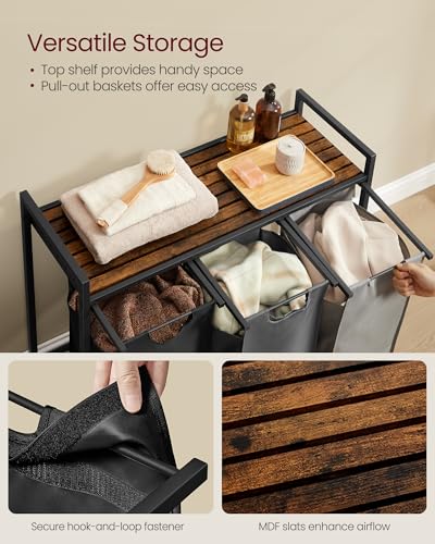 Image of VASAGLE Laundry Hamper, Laundry Basket, Laundry Sorter with 3 Pull-Out and Removable Bags, Shelf, Metal Frame, 3 x 10.6 Gallons (40 L), 36.4 x 13 x 28.4 Inches, Tricolor and Rustic Brown UBLH301X01