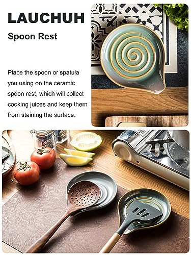 Image of LAUCHUH Spoon Rest for Kitchen Counter,5 inch Spoon Holder for Kitchen Counter Stove Top Ceramic Spatula Holder for Father's Day, Ladle, Spatula, Spoons or Tongs, Unique Green