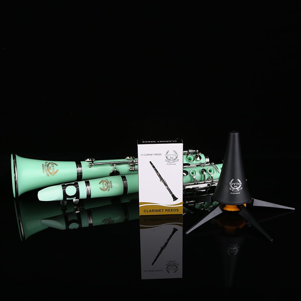 Rhythm Clarinete Bb con 17 teclas de níquel, banda de viento de madera e instrumentos musicales de orquesta para principiantes, incluye funda, soporte, 10 cañas y kit de limpieza, color verde