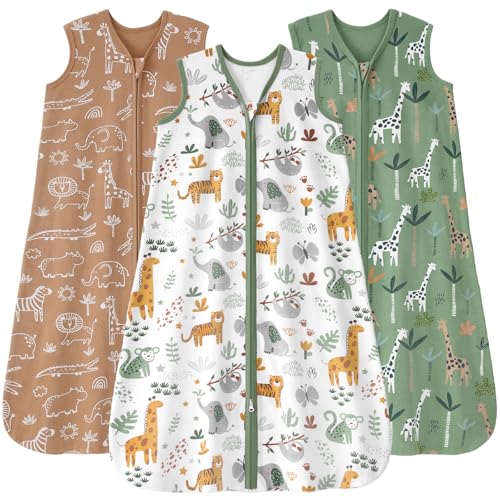 Image of FIEMOL Baby Sleep Sack 12-18 months, 100% Cotton Sleeping Sack for Newborn and Infant, 3 Pack Baby Wearable Blanket for Boy and Girl, 0.5 Tog Lightweight Double Zipper Sleep Bag Green Brown Giraffe