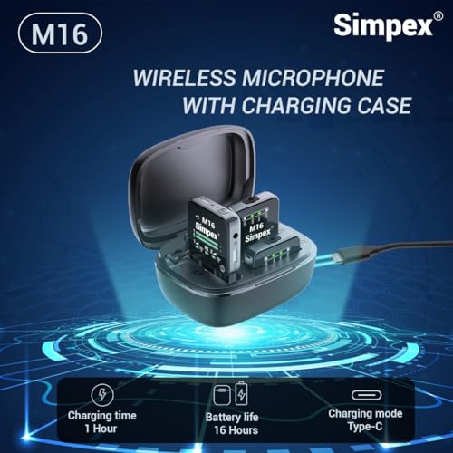 Image of Simpex M-16 Wireless Microphone with Charging Case, 100m Range, Intelligent Noise Cancellation, 10Hrs Battery, Compatible with DSLR, Smartphones for Vlogging, Interviews & Podcasts