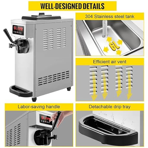 Kommerzielle Eismaschine, 1500 W, 4,7–5,3 Gallonen/Stunde, Softeismaschine, Einzelgeschmack, mit LED-Anzeige, für Restaurants, Cafés, Snackläden, Fast-Food-Läden – Bild 7