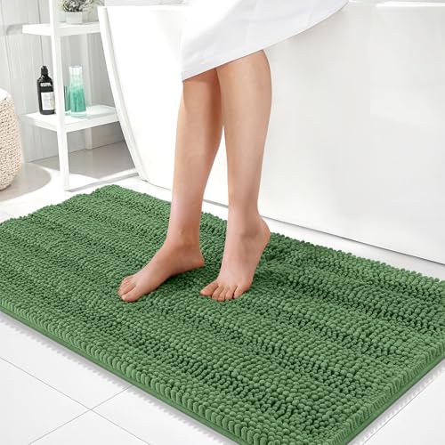 Image of OLANLY Thick Bathroom Runner Rugs 44x24, Extra Absorbent Chenille Striped Bath Rugs, Rubber Backing, Machine Wash Dry, Long Bath Mats for Bathroom, Tub and Shower, Home Decor Accessories, Olive Green