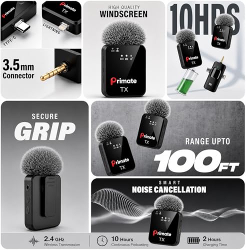Image of Primate 3-in-1 Wireless Noise Reduction Microphone for Smartphone & Camera | 164ft Range, 20 Hours Battery Life | Ideal for YouTube, Vlogging & Interviews