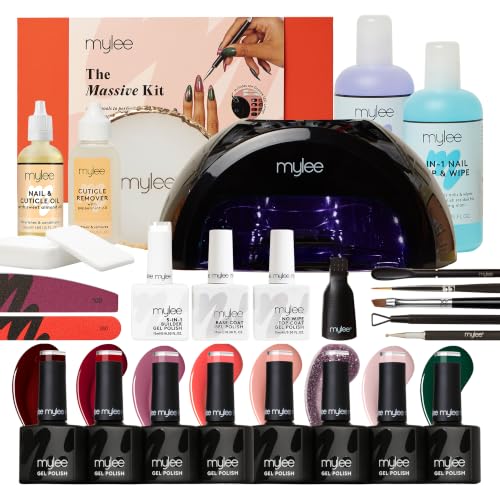 Mylee Massive Kit Professional Gel Polish Set Grande LED Lamp 8x Nail Colours Top & Base Coat 5-in-1 Builder Gel Prep & Wipe + Remover Prep Tools Nail & Cuticle Oil Mixing Palette