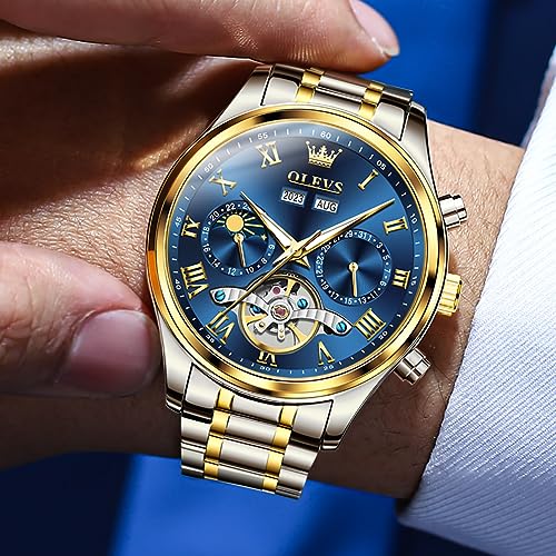 Image of OLEVS Automatic Men Watch Self Winding Mechanical Moon Phase Business Luxury Diamond Dress Stainless Steel Waterproof Luminous Mens Wrist Watch