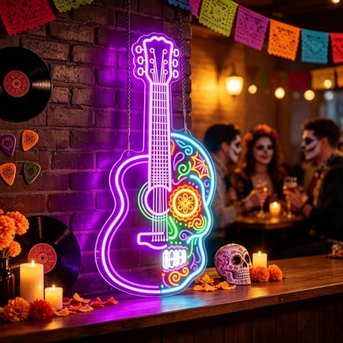 Image of Sugar Skull Guitar Neon Sign, Day of the Dead Inspired LED Neon Light, USB Powered Dimmable Music Wall Decor for Home Bar, Music Room, Bedroom, Halloween Party, Gifts for Guitar Players
