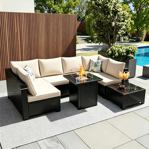 Ophelian 8 Pcs Patio Furniture Set with Fire Pit Table Wicker Outdoor Sectional Sofa, Conversation Set Perfect for Backyard, Garden, Deck (Coffee/Beige)