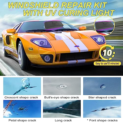 Windshield Repair Kit, Windshield Crack Repair Kit 4 Pcs, Windscreen Repair Kit with Enhanced Injection Head Suction Cup UV Curing Light, Windshield Chip Repair Kit for Chips, Scratches, Cracks