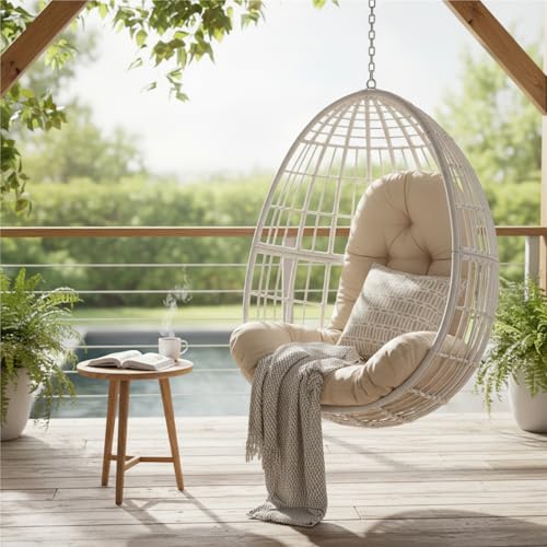 Coussin de chaise à bascule œuf beige avec dossier haut rembourré pour fauteuil de jardin extérieur - 3
