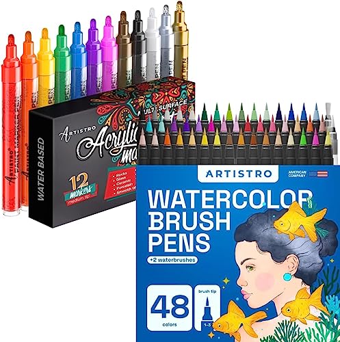ARTISTRO Watercolor Brush Pens, 48 Colors Set + 2 Water Brush Pens with 12 Set Acrylic Paint Pens Medium Tip