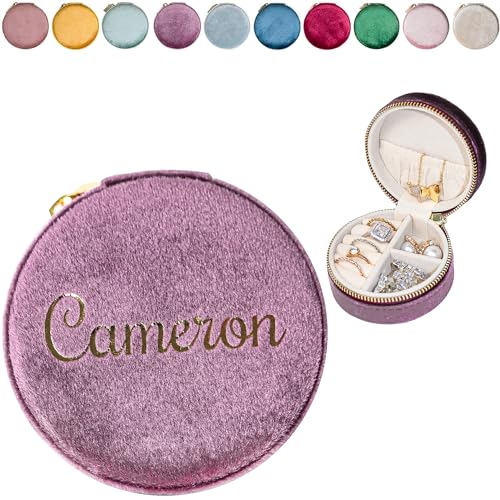 Customizable Mini Round Jewelry Box, Travel Jewelry Case, Travel Jewelry Organizer, Jewelry Box for Women and Girls, Small Jewelry Organizer (Center Text, Mulberry)