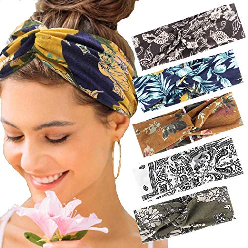 LittleB Boho Headbands Criss Cross Headband Headpiecce Bohemia Floal Head Wrap Hair Bands Vintage Cotton Elastic Fabric Cotton Hairbands Fashion Hair Accessories for Women (5PC)