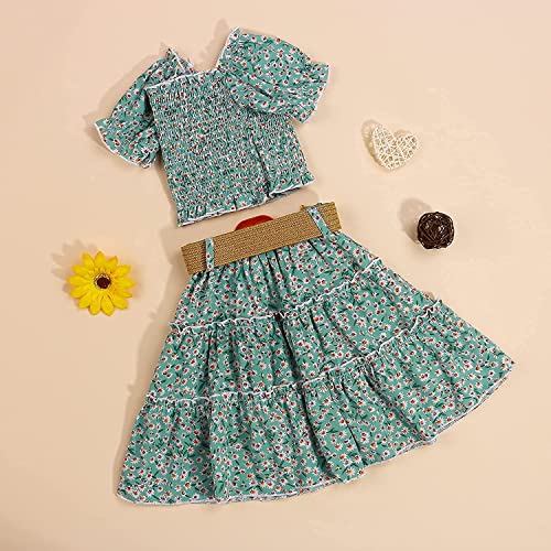 Image of Kids Baby Girls Outfits Floral Ruffle Off Shoulder Crop Tops + Bowknot Denim Shorts Skirt Set Toddler Summer Clothes
