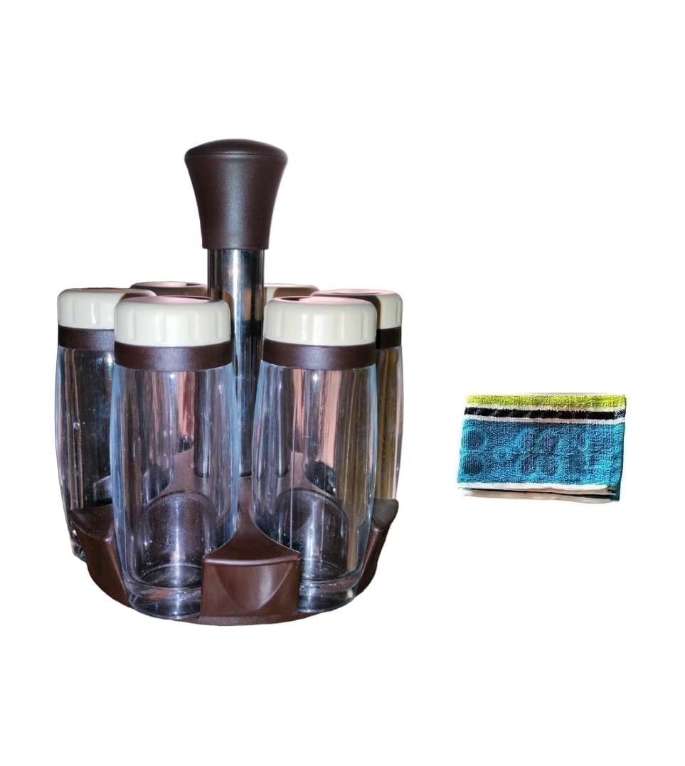 Apex 360 Degree Revolving Spice Rack with 6 pcs unbreakable Spice container Set Bundled Cleaning Cloth - Color May Vary