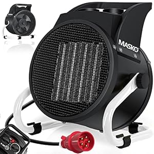 Masko® Elektrische verwarming, ventilatorkachel, bouwverwarming, 5 kW, keramische warmtestraler, 5000 watt, elektrische verwarming, met thermostaat met 3 warmtestanden, elektrische verwarming, voor binnen en buiten