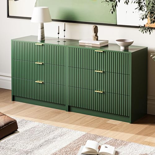 Image of MAISONARIA Green Fluted Dresser for Bedroom, 32 Inch Wide Nightstand with Large Drawer, 3 Drawer End Table for Bedroom, Living Rooms, Offices, and Entryways