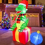 GUDELAK 6FT Dinosaur Christmas Inflatables Outdoor Decorations with Christmas Hat Gift Box Little Monster & Build-in LEDs, Christmas Blow Up Yard Decorations for Xmas Indoor Outdoor Garden Lawn Decor