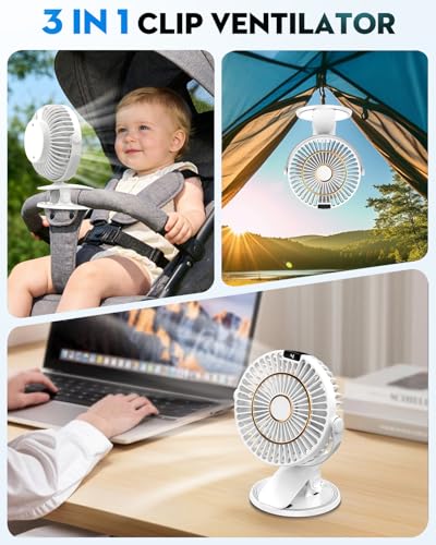 COZII Mini Ventilator, USB Ventilator Leise Clip Ventilator mit LED-Anzeige, 720° Drehung & 5 Geschwindigkeiten, 16cm Tragbarer Ventilator für Zuhause, Büro, Kinderwagen, Outdoor (Weiß) 4