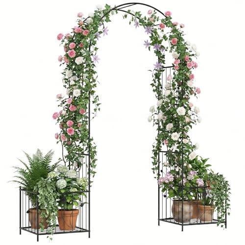 homasis arco da giardino alto 221 cm con 2 fioriere, robusta tettoia metallica con griglia per piante rampicanti, ideale per matrimoni e prati