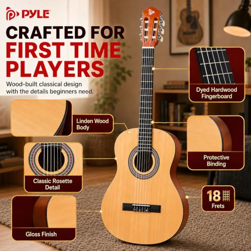 Image of Pyle Beginner Acoustic Guitar Kit, 1 /4 Junior Size All Wood Instrument for Kids, Adults, 30 inch Natural Ash