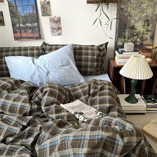 Image of mixinni Vintage Brown & Blue Buffalo Plaid Duvet Cover Set King Size - 3 Piece Washed Cotton Bedding Set with Grid Pattern, Soft & Breathable Duvet Cover with Pillowcases for All Seasons