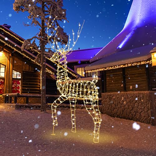 GYMAX 186cm LED Rattan Rentier beleuchtet, Weihnachtsdeko mit 300...