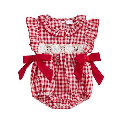 Socutebabe Baby Girl Baseball Outfit Infant Baseball Embroidery Plaid Smocked Bubble Romper Newborn Summer Clothes (Baseball-Red, 0-3 Months)