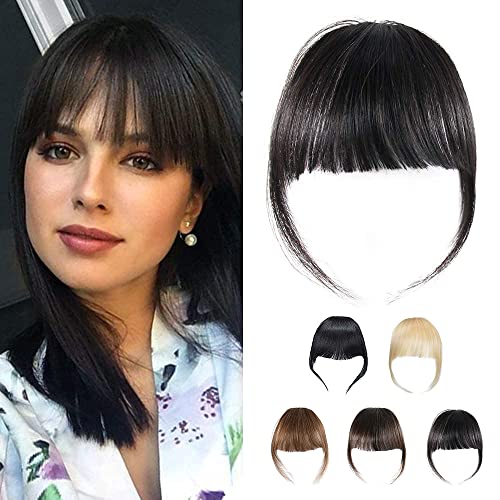 Real Human Hair Bangs Flat Bangs Clip in Bangs Hair Extensions Fringe Hair with Temples, Natural Black Color