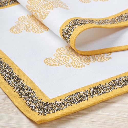 Image of Encasa XO Dining Table Runner for 4 to 6 Seater | Yellow-01 Block Printed Cotton Canvas | 32x150 cm | Jaipur Sanganeri Hand Print