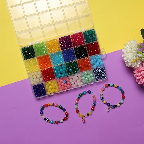Image of ambitieux DIY Bracelet Making Kit - 24 Colorful Beads, 10m Elastic Thread, Jute Bag, and Cutter - Gift for Girls Birthdays (Crystal with Moon)