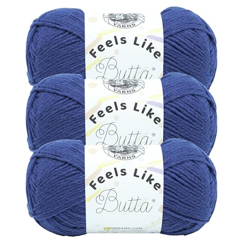 Image of Lion Brand Yarn Feels Like Butta Yarn, Velvety-Soft Yarn for Crocheting and Knitting, 3 Pack, Royal Blue