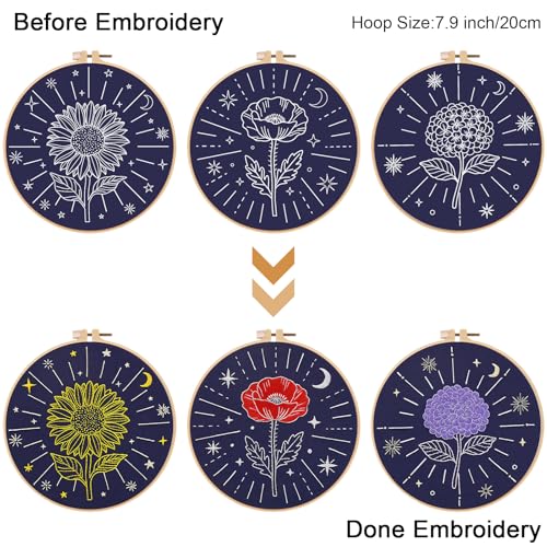 Image of Louise Maelys 3 Pcs Tarot Moon Star Embroidery Kit for Beginners, Celestial Flower Sunflower Poppy Hydrangea Needlework DIY Craft for Adults with Hoop, Printed Fabric and Instruction