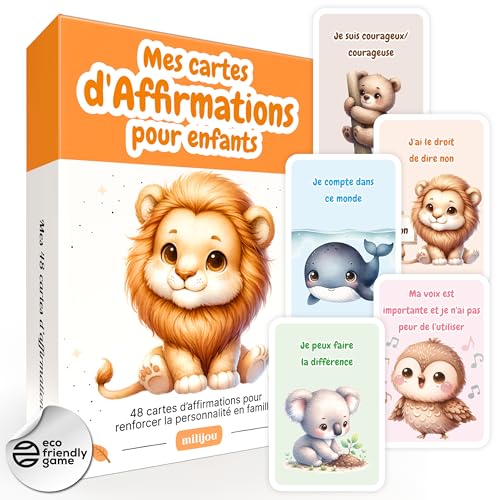 Milijou | 48 Cartes d'Affirmations Positives pour Enfant 3 à 12 Ans - Jeu de Cartes Éducatif et Ludique - Cartes Positives Enfant, Jeux Montessori - Cadeau pour Filles Garçons