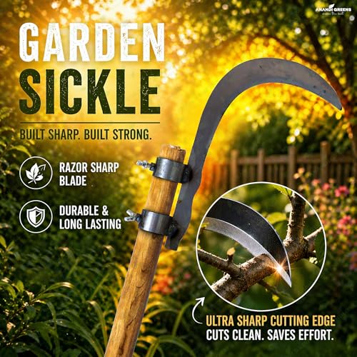 Image of Anandi Green's Gardening Sickle with Sharp Curved Blade | High Carbon Steel Grass Cutter | Hand Tool for Weeding, Harvesting & Farming Use