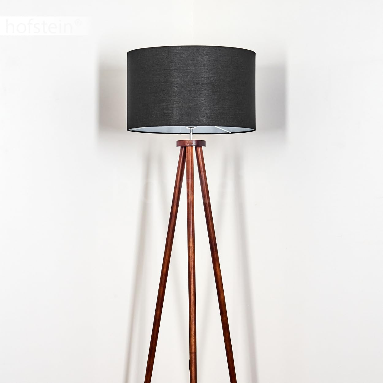 Stehleuchte Flemming, Stehlampe aus Holz/Stoff in Dunkelbraun/Schwarz/Weiß, Leuchte im skandinavischen Design mit rundem Schirm (Ø 50 cm) u. Fußschalter, Höhe 155 cm, 1 x E27, ohne Leuchtmittel