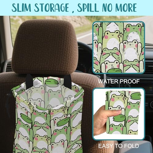 Image of Car Garbage Bag Cute Cartoon Frogs Drawstring Car Trash Bag Hanging for Back Seat with Adjustable Buckle Canvas Vehicle Trash Can Easy-to-Install